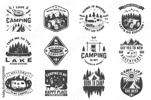 Set of camping badges. Vector. Concept for shirt or logo, print, stamp or tee. Vintage typography design with quad bike, tent, mountain, camper trailer and forest silhouette.
