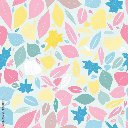 Wallpaper Mural Seamless baby pattern with pastel colored hand drawn leaves on a sky blue background. The pattern can be used for wrapping papers, invitation cards, wallpapers, covers, textile prints. Vector, eps 10. Torontodigital.ca