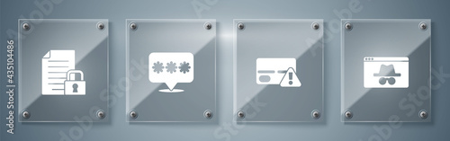 Set Browser incognito window, Credit card, Password protection and Document and lock. Square glass panels. Vector
