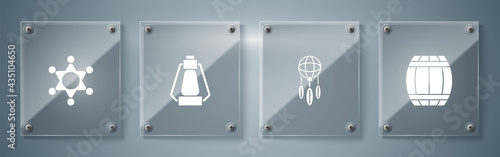 Set Gun powder barrel, Dream catcher with feathers, Camping lantern and Hexagram sheriff. Square glass panels. Vector