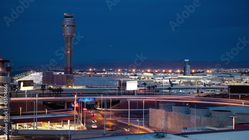 Generic Las Vegas Travel Landscape Timelapse with Moving Lights from Cars Driving and Airplanes Flying Visitors to the Popular Nevada Destination