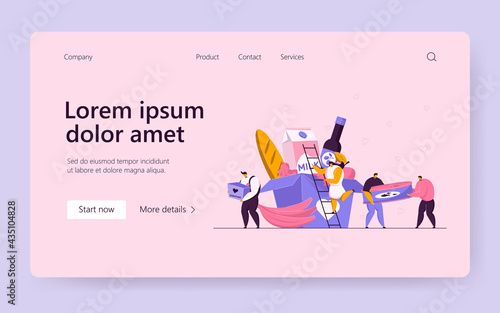 Volunteers delivering groceries. Tiny charity people sharing food help boxes flat vector illustration. Humanitarian aid, social responsibility concept for banner, website design or landing web page