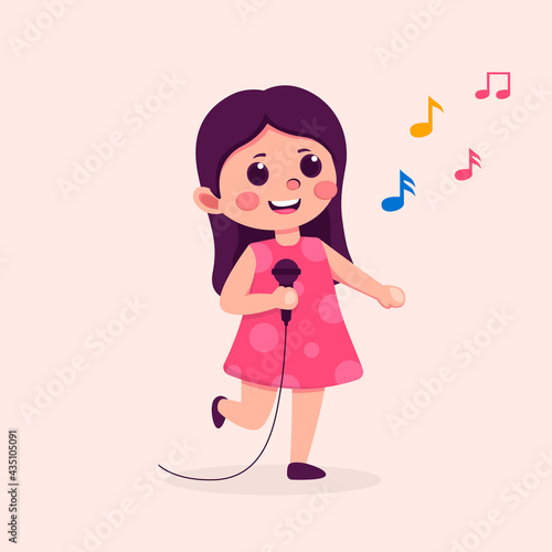 Cute teen girl cartoon character singing song, flat vector illustration