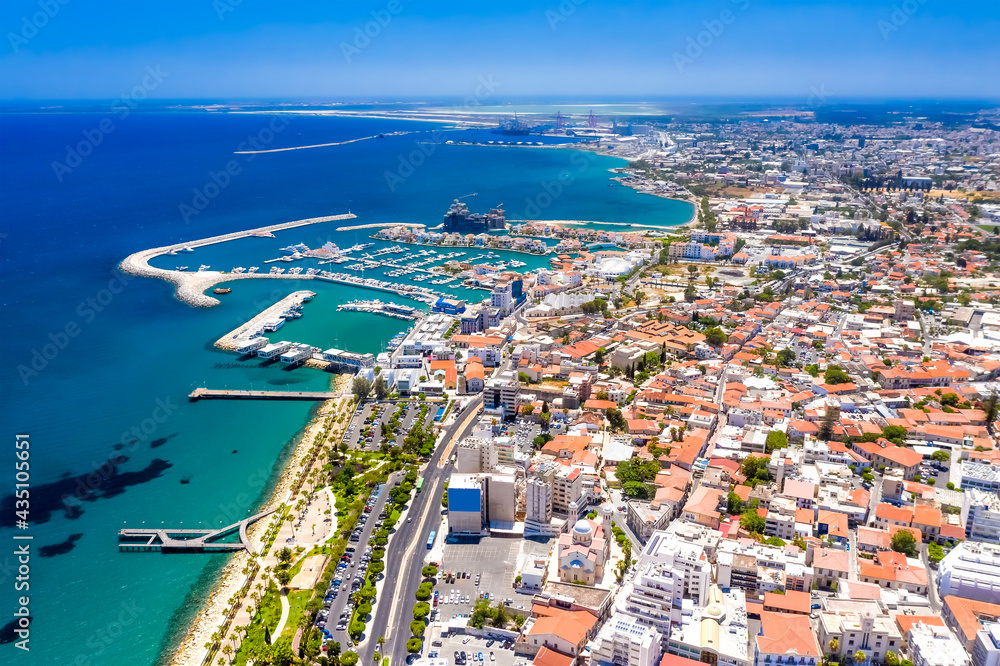 Drone shot of Limassol, with Old port and marina