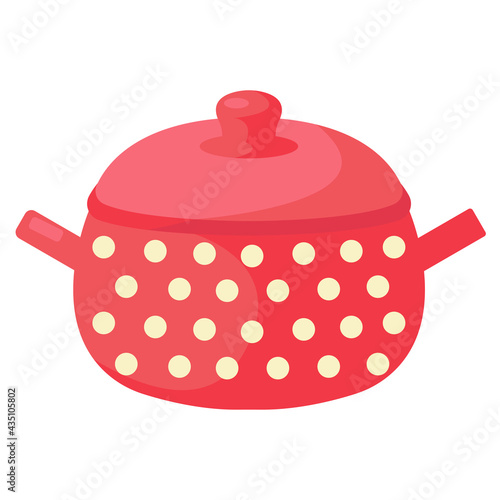 Cartoon cooking pot. Red saucepan. Kitchen colorful appliance. Flat vector illustration on a white background.