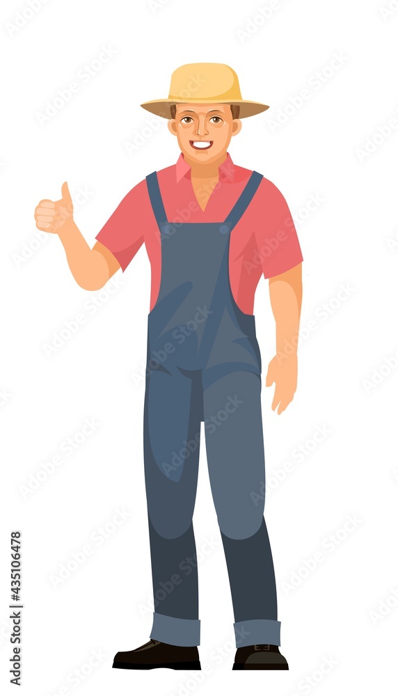 Farmer guy is standing. Young handsome cute boy wearing a hat. Shows like. Luck, quality. In uniform, overalls. Single. Cartoon flat style. The illustration is isolated on a white background. Vector