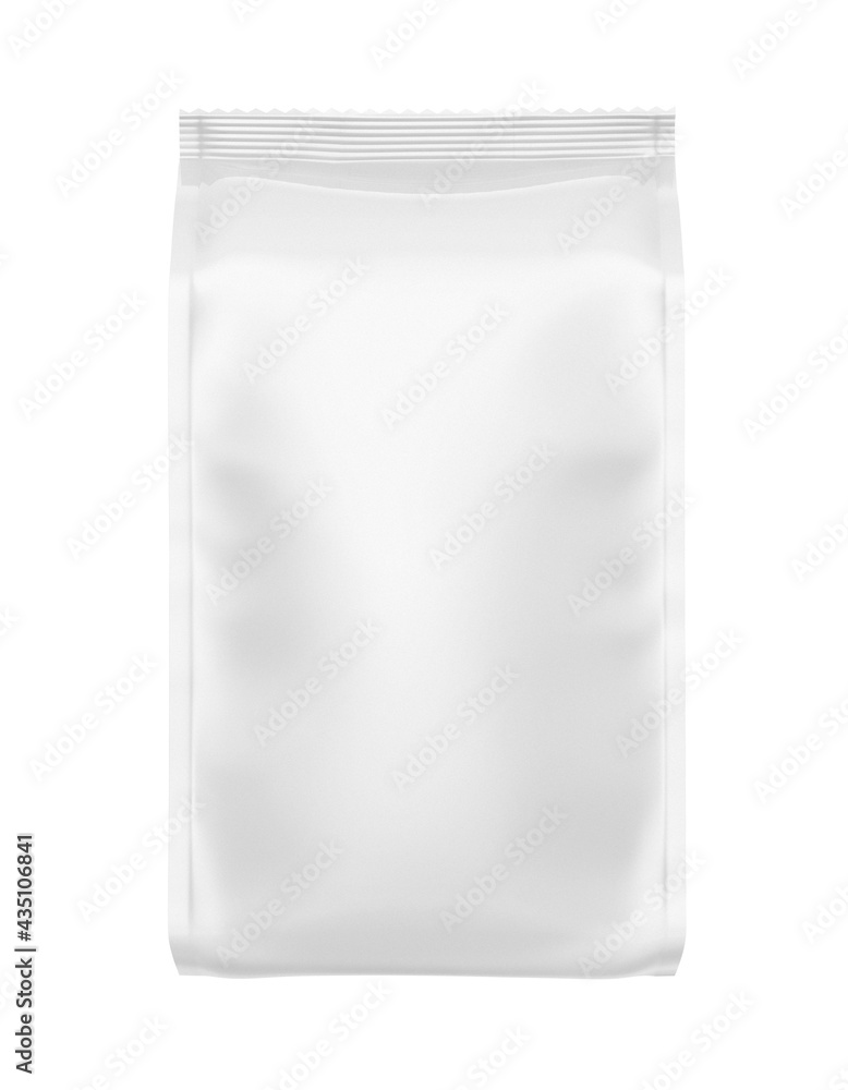 White blank foil food bag isolated on white background, unbranded packaging mockup front view White blank foil food bag isolated on white background, unbranded packaging mockup front view