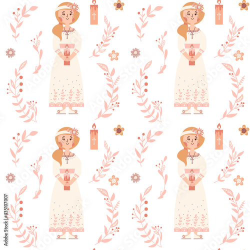 First communion little girl seamless pattern Christian background