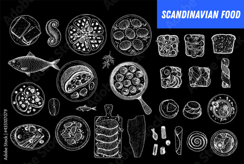 Scandinavian cuisine top view. Smorgasbord illustration. A set of Scandinavian dishes . Food menu design template. Vintage hand drawn sketch vector illustration. Engraved image