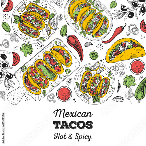 Tacos cooking and ingredients for tacos  sketch illustration. Mexican cuisine frame. Fast food menu design elements. Tacos hand drawn frame. Mexican food