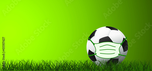 Sky view soccer border on green football grass field. Football with mask (Coronavirus, covid-19). Vector background. Sport finale or school, sports game cup. Summer, spring time, Street ball games.