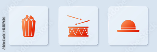 Set Drum with drum sticks, Popcorn in box and Clown hat. White square button. Vector