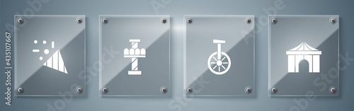Set Circus tent, Unicycle or one wheel bicycle, Attraction carousel and Festive confetti. Square glass panels. Vector