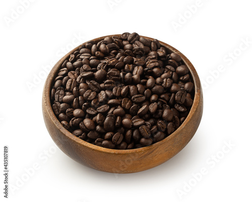 Coffee beans in wooden bowl isolated on white background with clipping path.