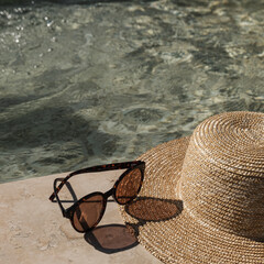 Sunglasses and straw hat on marble swimming pool side with clear blue water with waves sunlight shadow reflections. Minimal fashion aesthetic summer vacation creative background