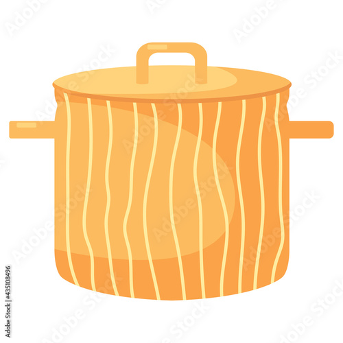 Cartoon cooking pot. Orange saucepan. Kitchen colorful appliance. Flat vector illustration on a white background.