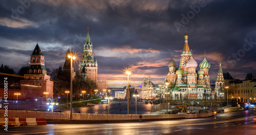 Sightseeing Of Moscow, Russia. Panoramic view of Moscow Kremlin and The Cathedral of Vasily the Blessed known as Saint Basil's Cathedral. Beautiful night view of the russian capital city. Panorama