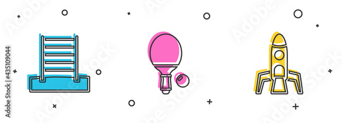 Set Swedish wall, Racket and ball and Rocket ship icon. Vector