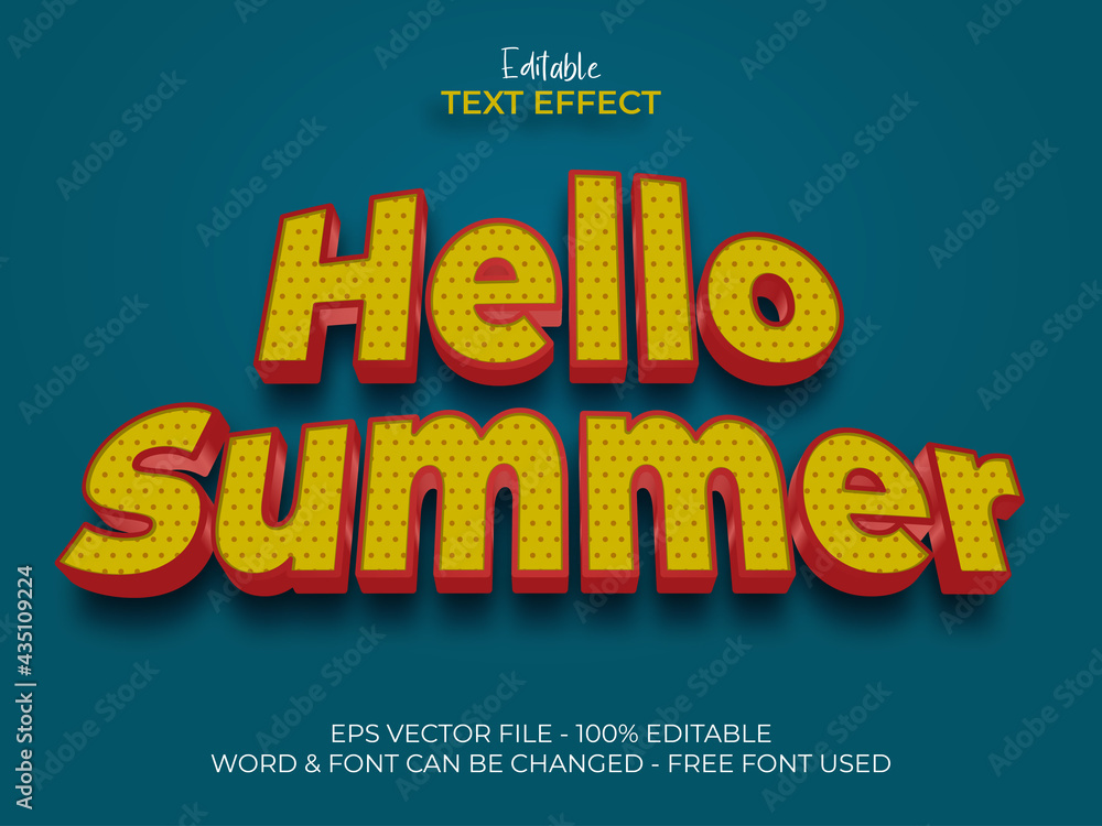 Text effect hello summer style theme. Editable text effect. Red yellow with pattern inside text.