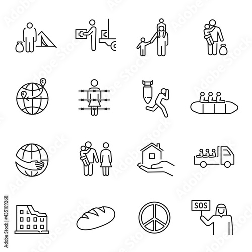 Collection of monochrome simple refugees icon vector illustration. Concept of international problem