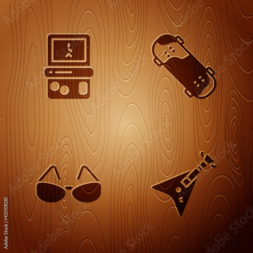 Set Electric bass guitar, Tetris, Glasses and Skateboard trick on wooden background. Vector