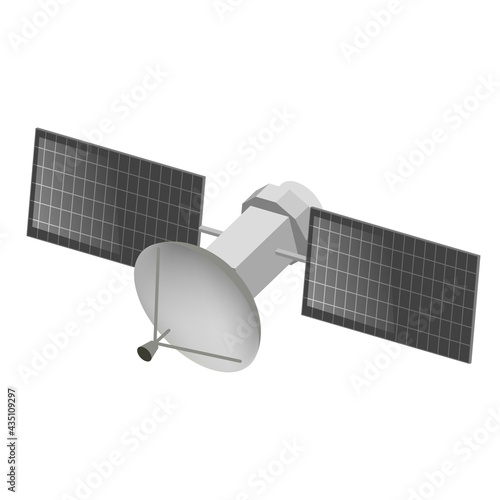 Space satellite vector flat isometric illustration. Flying orbital telecommunication connection