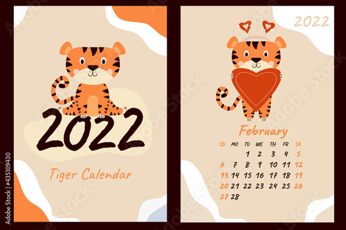 February 2022 calendar and cover. Cute tiger cub with a heart, congratulates on Valentines Day. Year of the Tiger in Chinese or oriental. Vector. Vertical A4 template. Week starts on Sunday