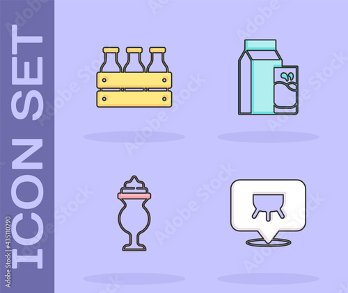 Set Udder, Bottled milk in wooden box, Milkshake and Paper package for kefir icon. Vector