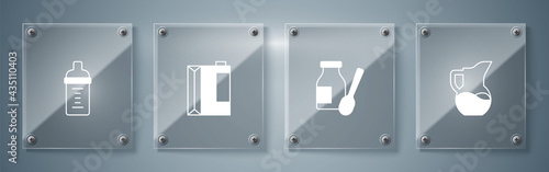 Set Milk jug or pitcher, Drinking yogurt in bottle, Paper package for kefir and Baby milk. Square glass panels. Vector