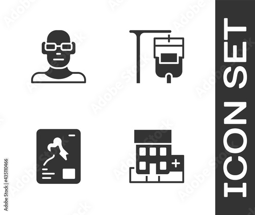 Set Medical hospital building, Poor eyesight, X-ray shots and IV bag icon. Vector