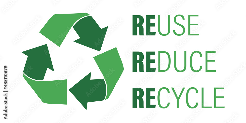 Motivational banner. Recycling symbol and an emerging slogan - reuse, reduce, recycle. Concept ecological theme. Green sign and text isolated on white background Motivational banner. Recycling symbol and an emerging slogan - reuse, reduce, recycle. Concept ecological theme. Green sign and text isolated on white background