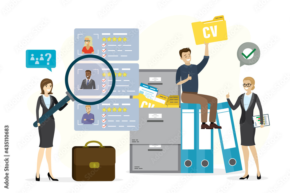Group of office clerks or HR specialists searching new employees. List of candidates, yellow folders with resume. Hiring agency. Recruitment process Group of office clerks or HR specialists searching new employees. List of candidates, yellow folders with resume. Hiring agency. Recruitment process