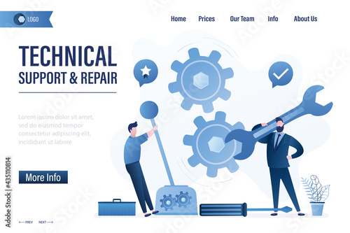 Technical support and repair, landing page template. Business people with tools. Happy workers or support staff people fix mechanism with gears. Client service,
