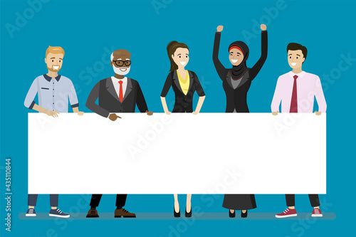Multiethnic group of people holds empty white placard. Business team with board, place for text. Marketing campaign. People of different ages hold blank billboard.