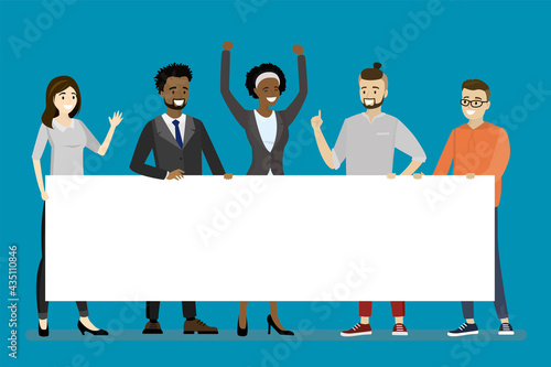 Multiethnic group of people holds empty white placard. Business team with board, place for text. Marketing campaign. Various demonstrators hold blank billboard.