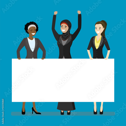 Multiethnic group of women holds empty white placard. Female business team with board, place for text. Feminists hold blank billboard.