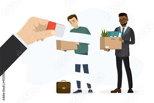 Dismissal workers. Male employees with boxes in hands. Big hand holds eraser and removes workers. Staff reduction. Sad jobless people. Unemployment concept. Vector illustration