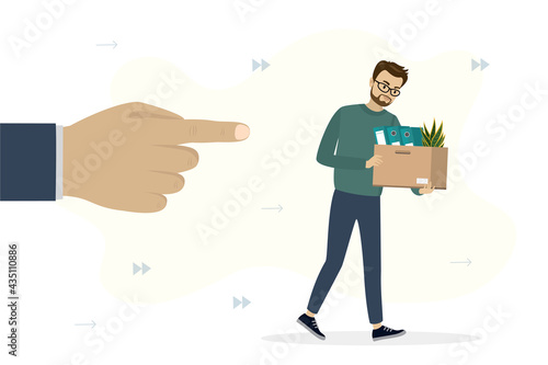 Fired worker holds box with office supplies. Big hand points to exit. Staff reduction, dismissal of employees. Unhappy jobless caucasian man.