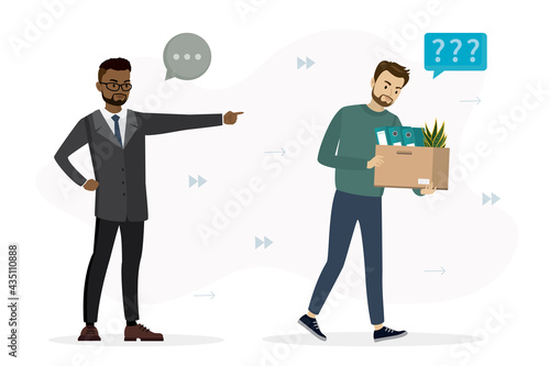 African american boss fired office worker. Sad jobless guy holds box with things. Staff reduction, dismissal of employees. Unhappy jobless caucasian man.
