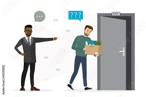 Fired worker with box in hands. Black boss points to open door. Reduction of number of staff, dismissal of employees. Unhappy jobless caucasian man.