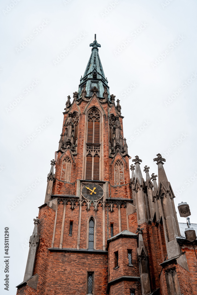 Gothic catholic cathedral of red brick and pointed spiers. Bottom view. Greatness and beauty (838)