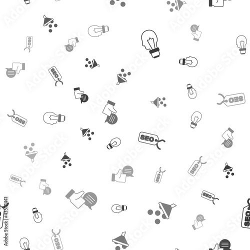 Set Light bulb with concept of idea, Lead management, SEO optimization and Customer product rating on seamless pattern. Vector