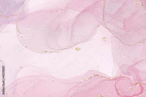 Blush pink watercolor fluid painting design card. Dusty rose and golden marble geode frame. Petal or veil texture. Dye splash style. Alcohol ink. Vector background