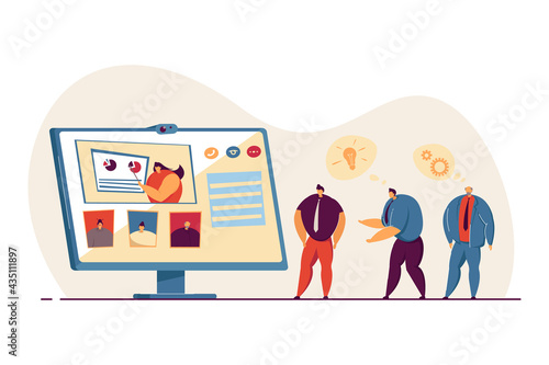 Online business conference via video chat. Businesswoman showing report to colleagues. Optimization, teamwork illustration. Business, technology concept for banner, website design or landing web page