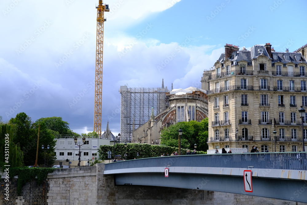 An unusual view of Notre Dame de Paris the 22 th may 2021, during its reconstruction. A monument which is still forbidden to visit due to some civil servant constable decision.