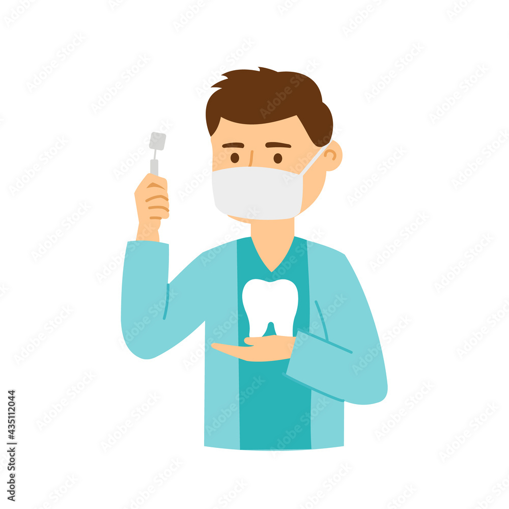 Dentist, man, doctor and teeth, character. Vector illustration isolated on white background.