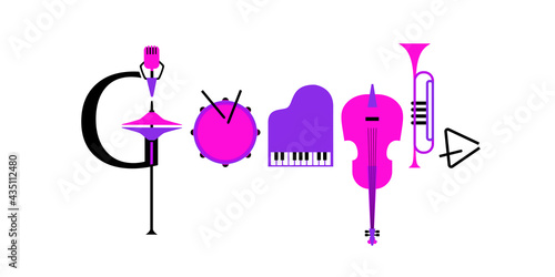 Google doodle musical instruments vector icon. Imitation of logotype. Vibrant color music sign cartoon design element. Musical event symbols sketch illustration. Live entertainment template background