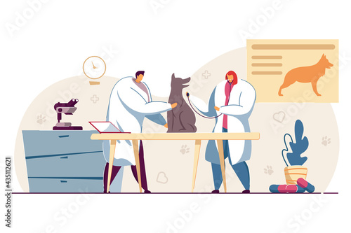 Two veterinarians examining dog at veterinary clinic. Flat vector illustration..Doctors in office caring about pet, providing it with medical assistance. Animal, pets, medical care, veterinary concept