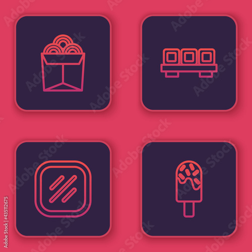 Set line Noodles in box, Steak meat, Sushi on cutting board and Ice cream. Blue square button. Vector