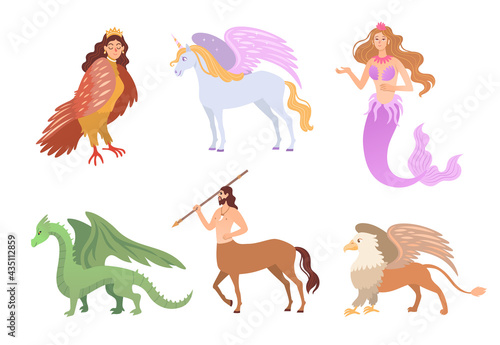 Different mythical creatures flat vector illustrations set. Fantasy characters, centaur, harpy, dragon, mermaid, Pegasus, griffin isolated on white background. Greek mythology, magic, monsters concept